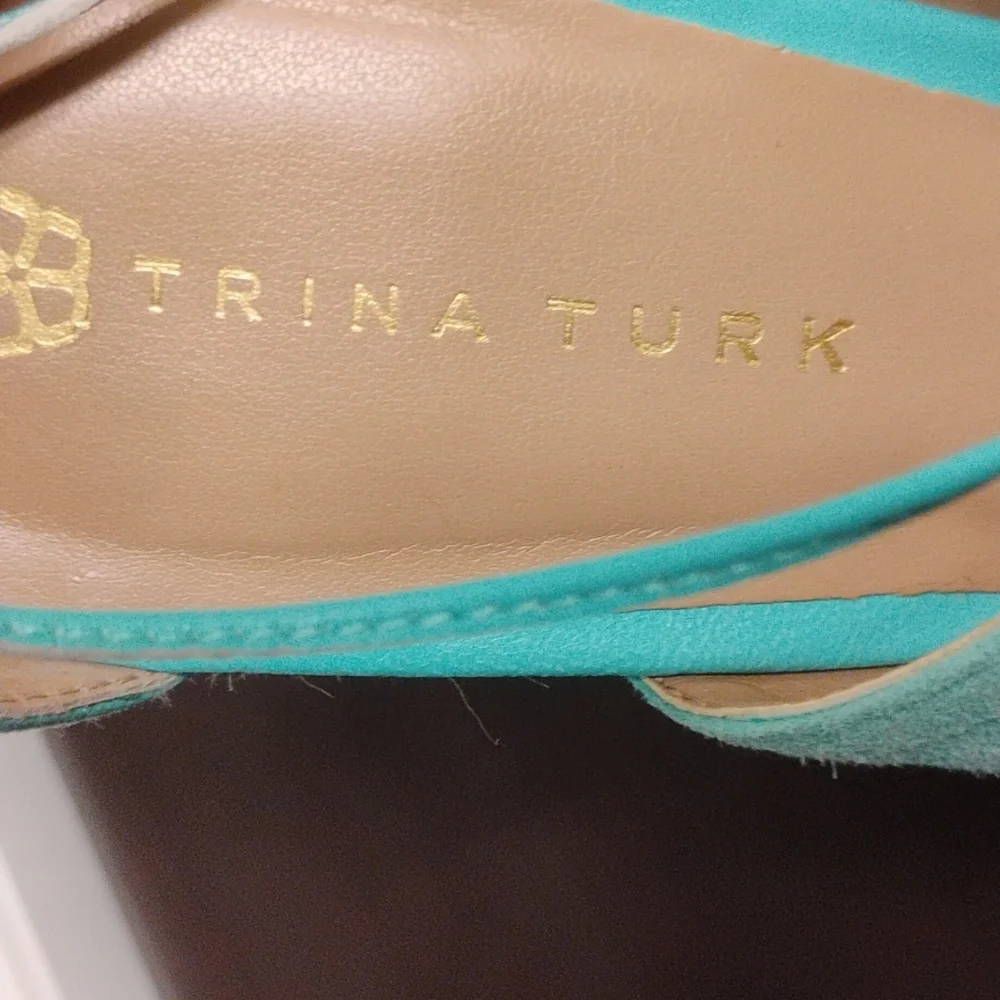 Trina Turk Turquoise Suede Leather Lace up Ankle Wrap Wedge Sandals - Picture 12 of 12